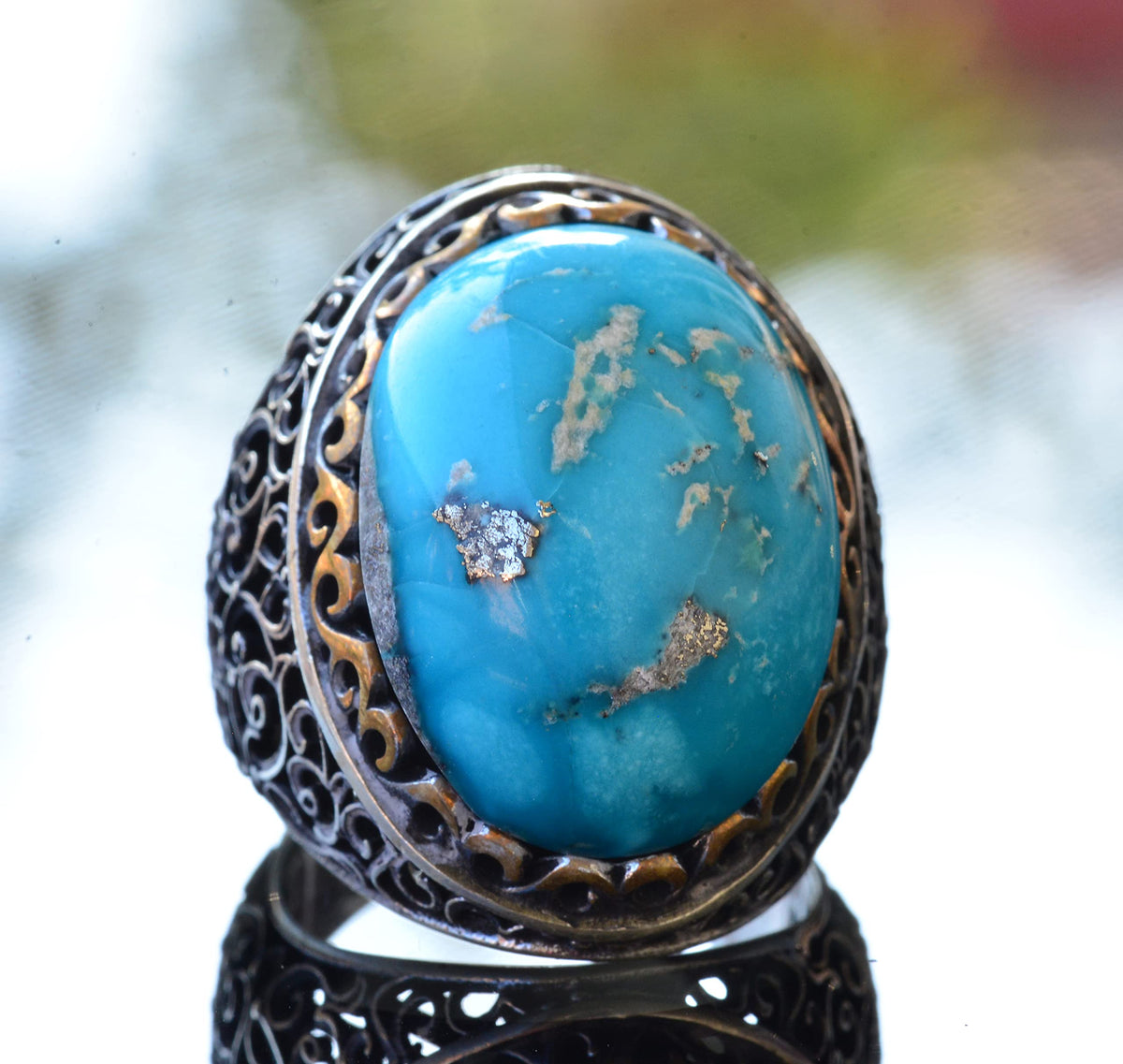 Natural Arizona Turquoise Stone Ring, 925 Sterling Silver Men's Ring (Model-3) — 5