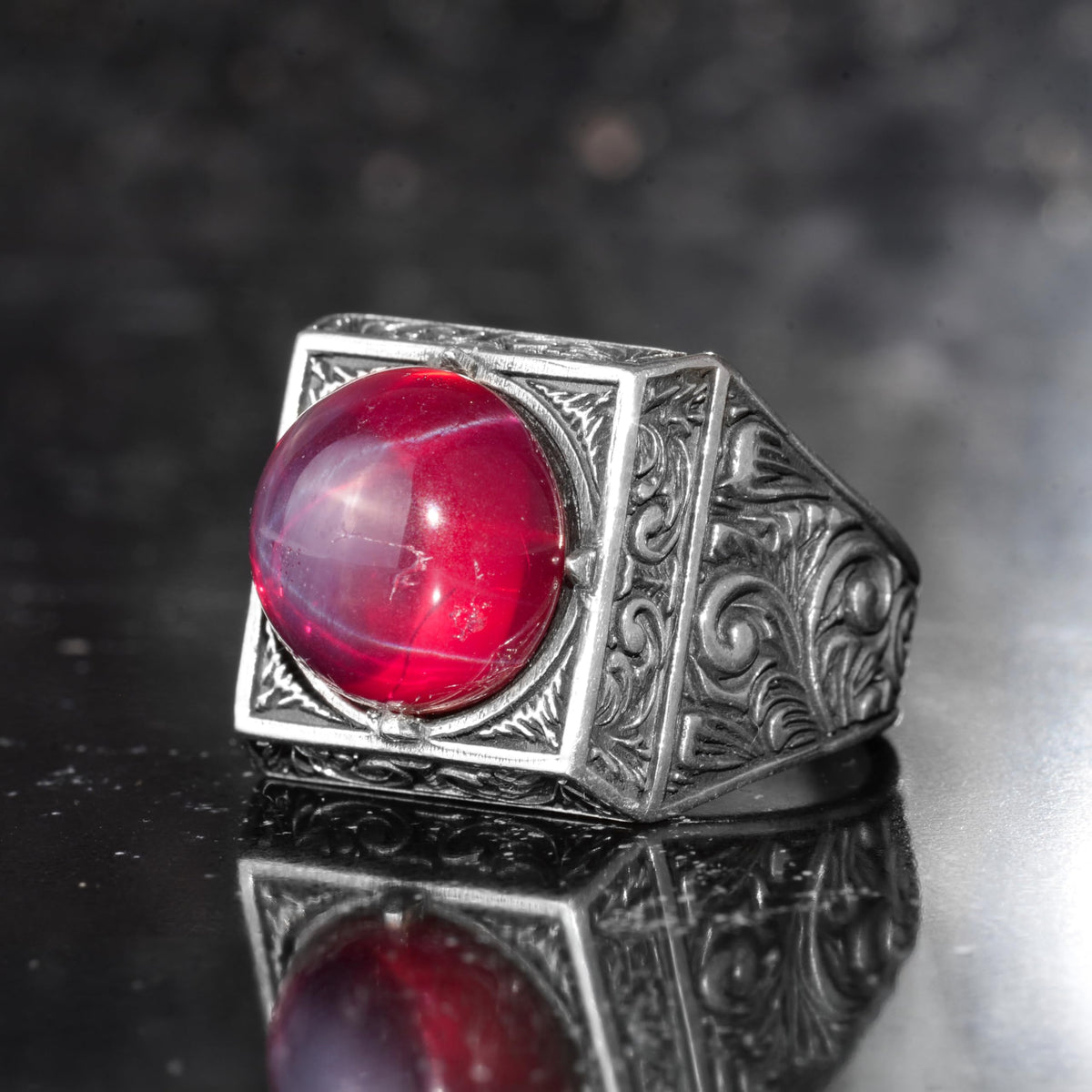 KAMBO Natural Round Stone Square Men's Ring 925 Sterling Silver – Ottoman Pattern Handmade Stone Ring (Star Ruby) — 5