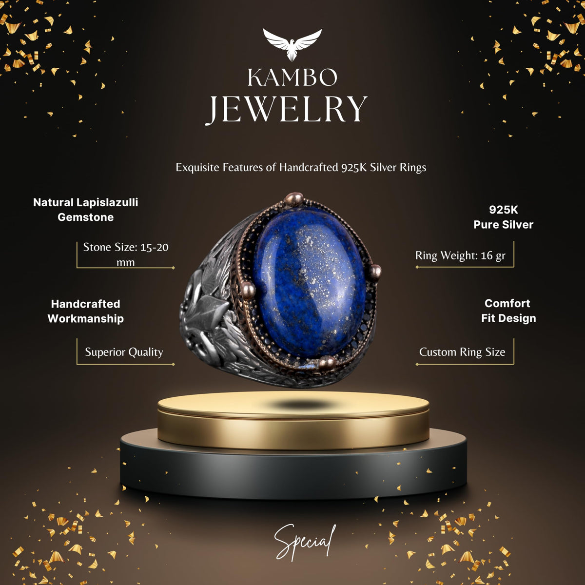925K Silver Handmade Men's Ring - Available with Various Natural Stones (Lapis Lazuli) — 7