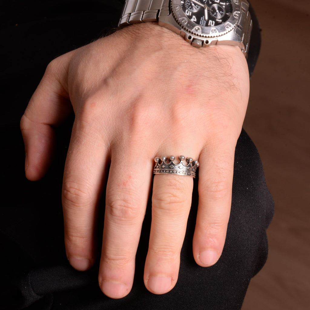 Falcon Jewelry KAMBO Handmade 925 Sterling Silver Crown Motif Ring for Men – Vintage Statement King Style Band, Unique S