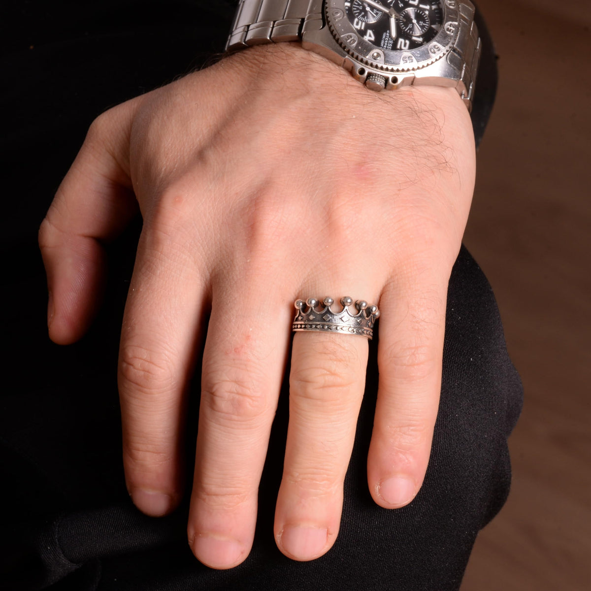 Falcon Jewelry KAMBO Handmade 925 Sterling Silver Crown Motif Ring for Men – Vintage Statement King Style Band, Unique S