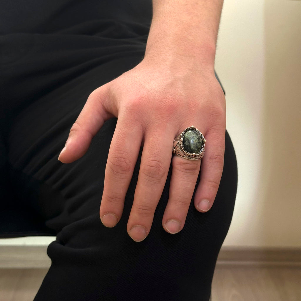 925 Sterling Silver Handcrafted Men's Ring - Available with Different Natural Stones (Green Eye) — 3