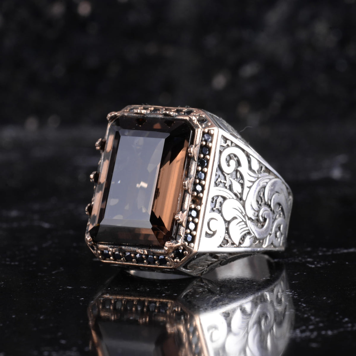 KAMBO Natural Stone Ring for Men 925 Sterling Silver - Rectangular Statement Ring Handmade Jewelry (Smoky Topaz) — 5