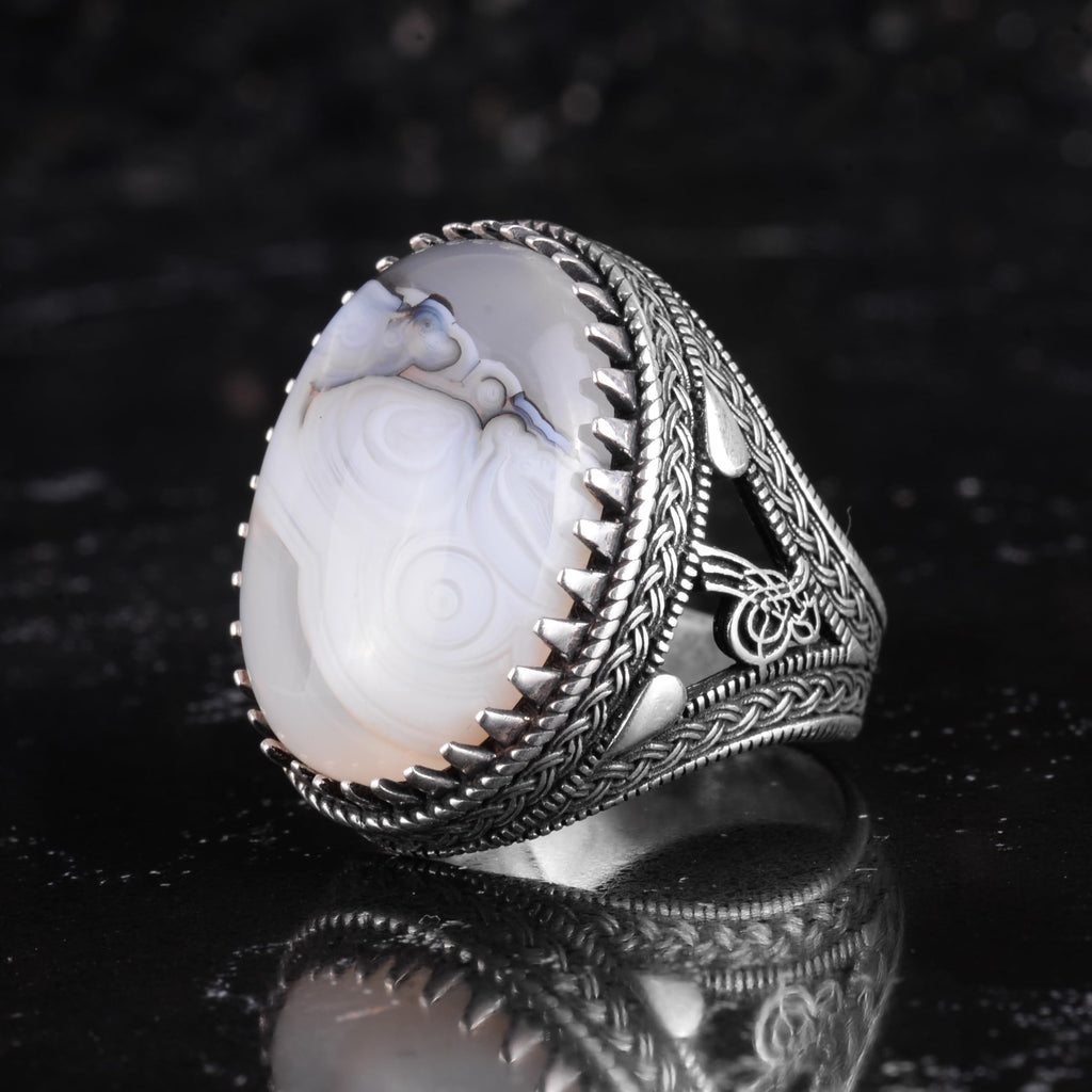 KAMBO Natural Yemen Agate Stone Men's Ring – 925 Sterling Silver Large Statement Ring – Handmade Ottoman Tugra Design Jewelry (Style-4) — 4