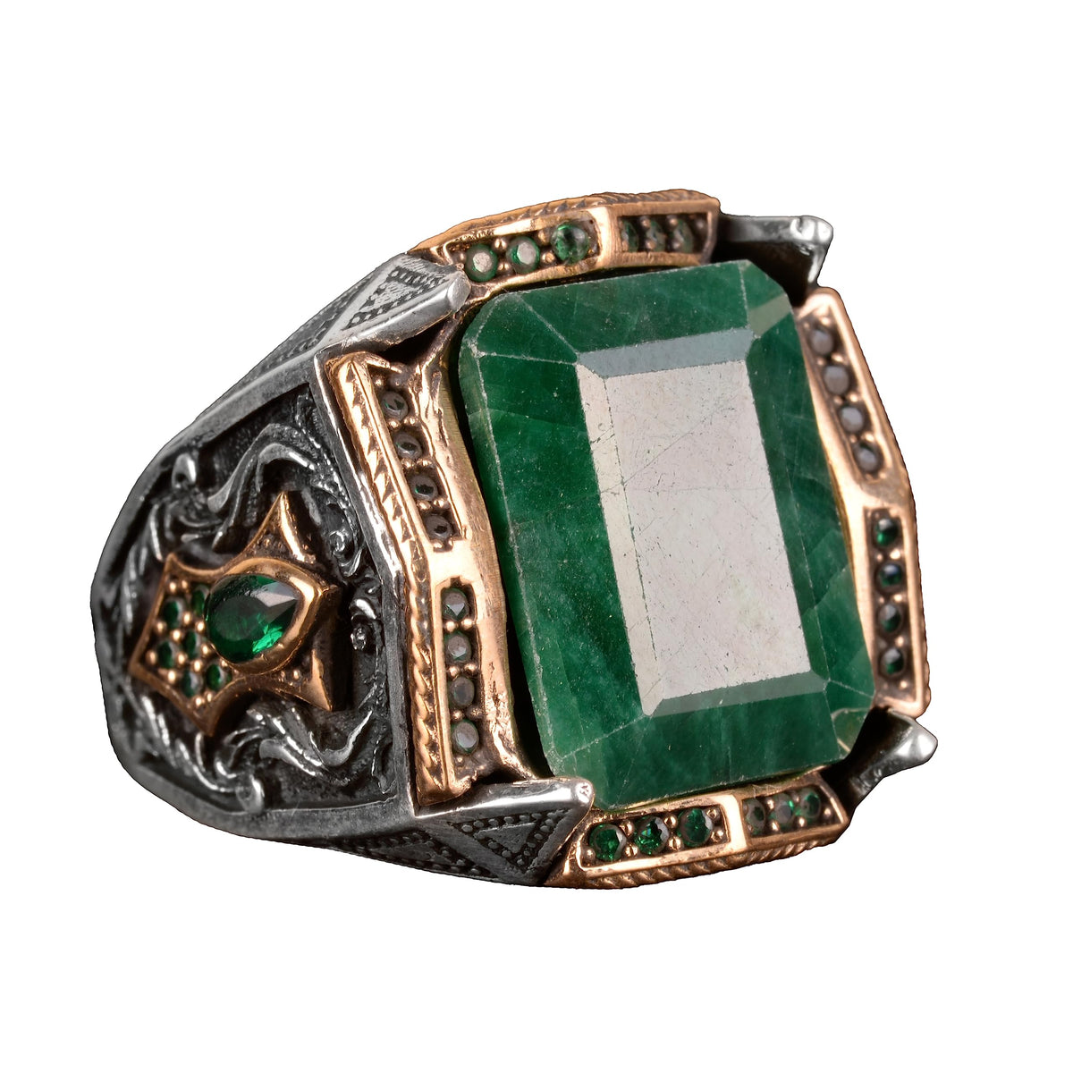 Natural Emerald Stone Ring, 925 Sterling Silver Men's Ring