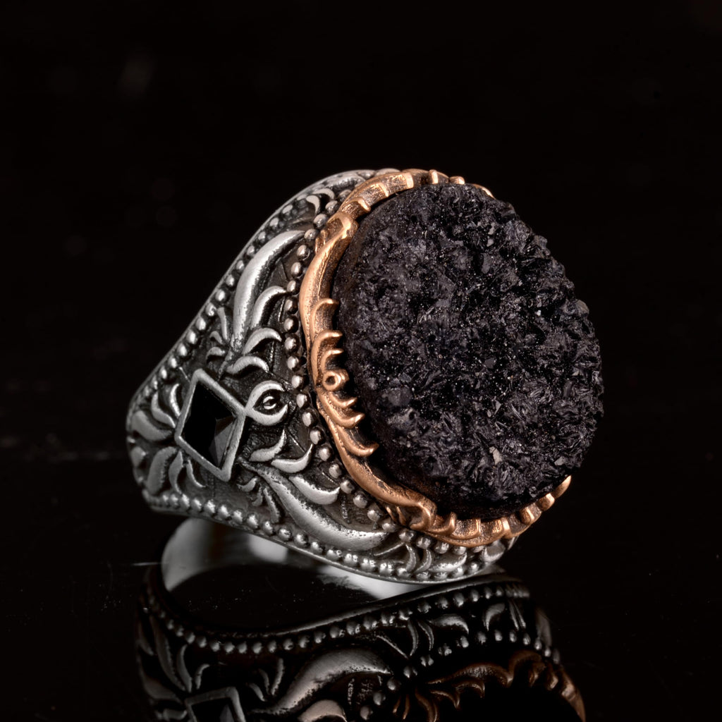 Vintage Men's 925 Sterling Silver Ring - Druzy Quartz (Black) — 4