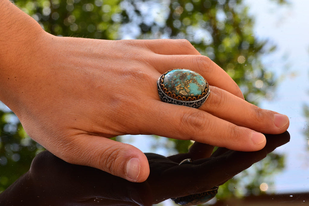 925 Sterling Silver Real Arizona Turquoise Stone Men's Ring (Model-2) — 6