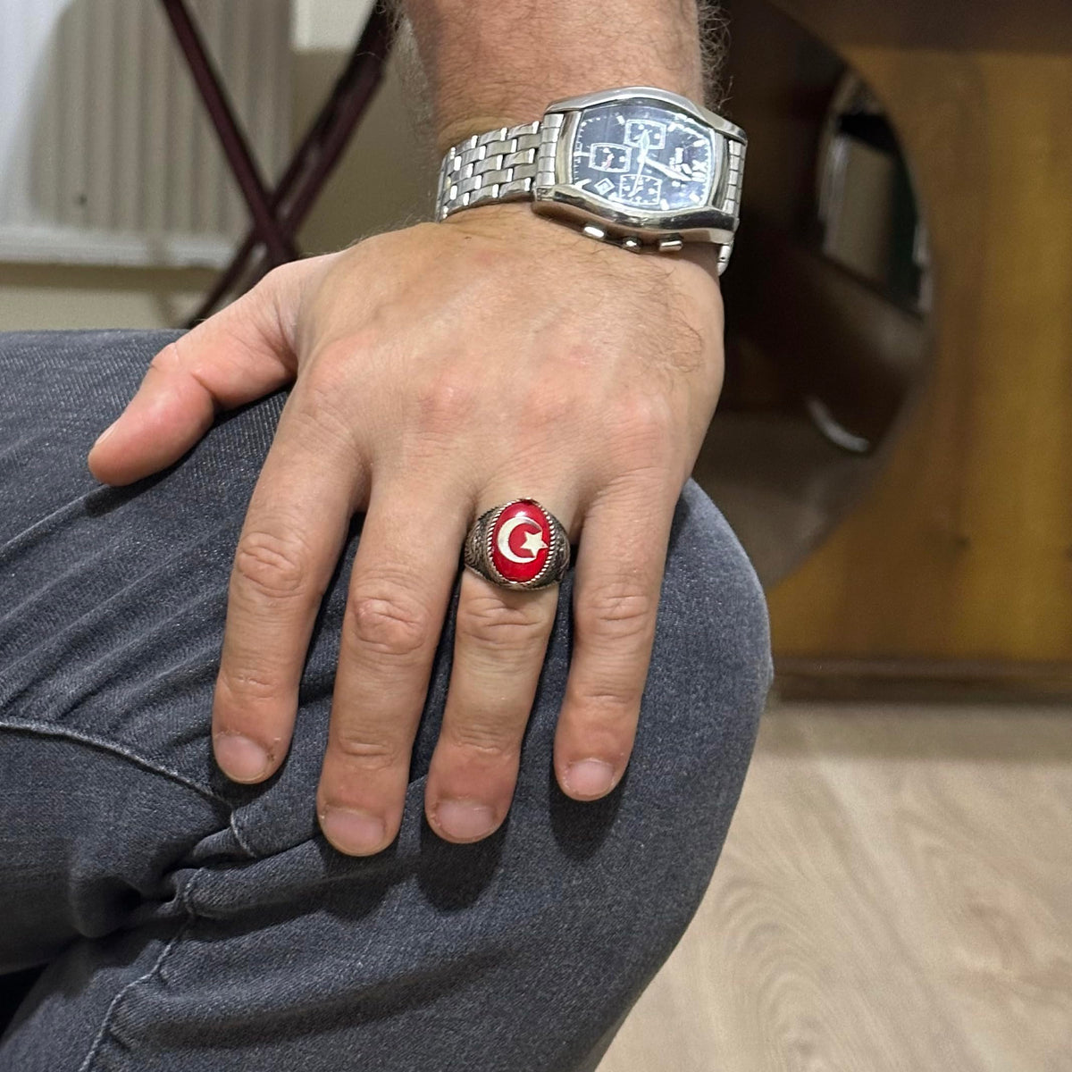 Men's Crescent and Star Eagle Ring - 925 Sterling Silver Ring - Crescent and Star Design - Turkish Crescent and Star Flag Eagle Design Ring (Red) — 3