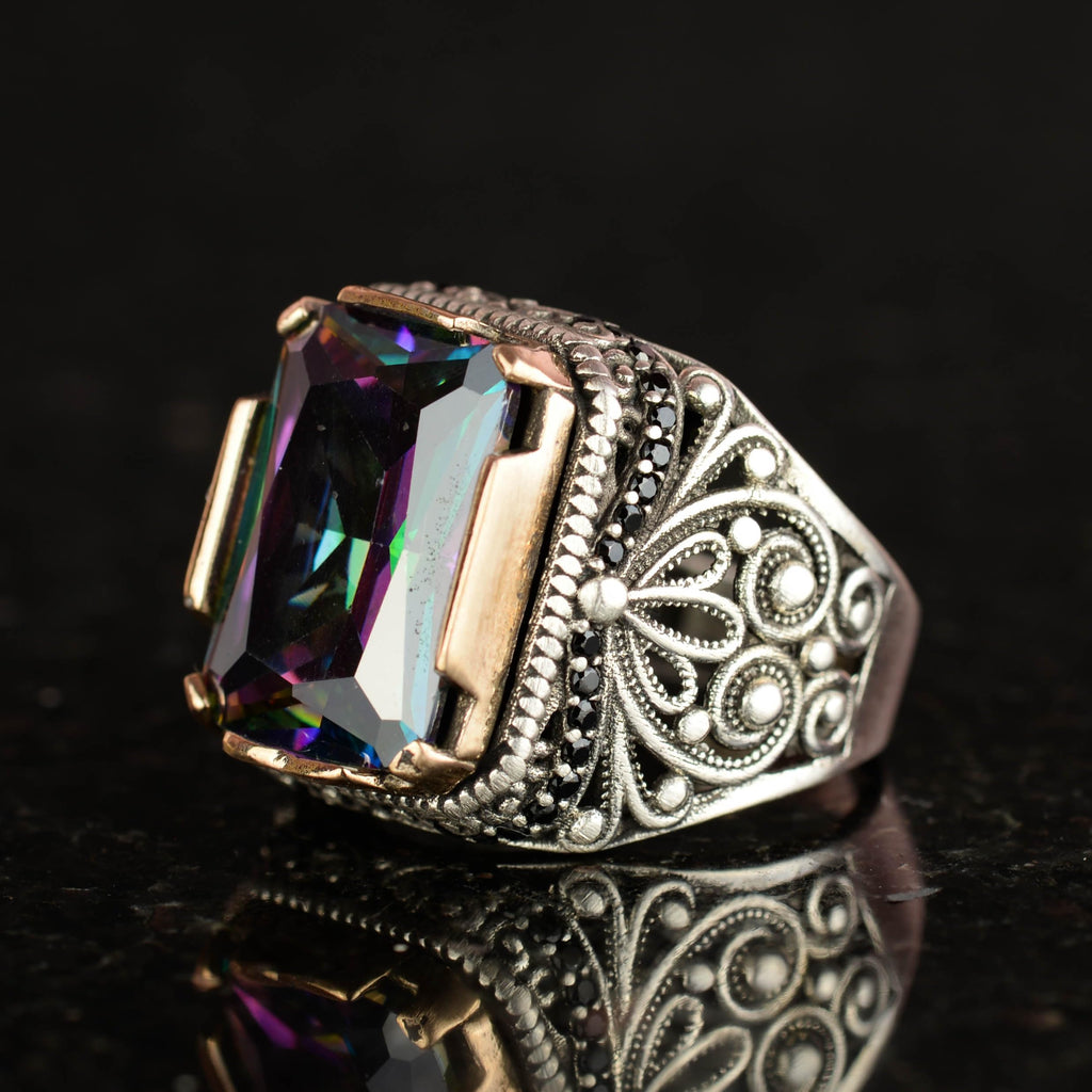 KAMBO Handmade 925 Sterling Silver Men’s Ring with Created Mystic Topaz Stone, Modern Statement Design, Vintage Style, C