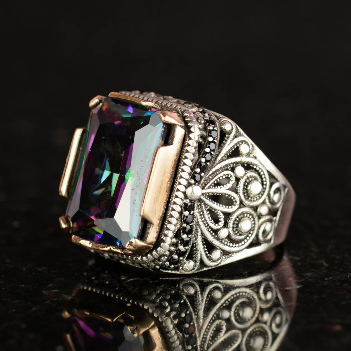 KAMBO Handmade 925 Sterling Silver Men’s Ring with Created Mystic Topaz Stone, Modern Statement Design, Vintage Style, C