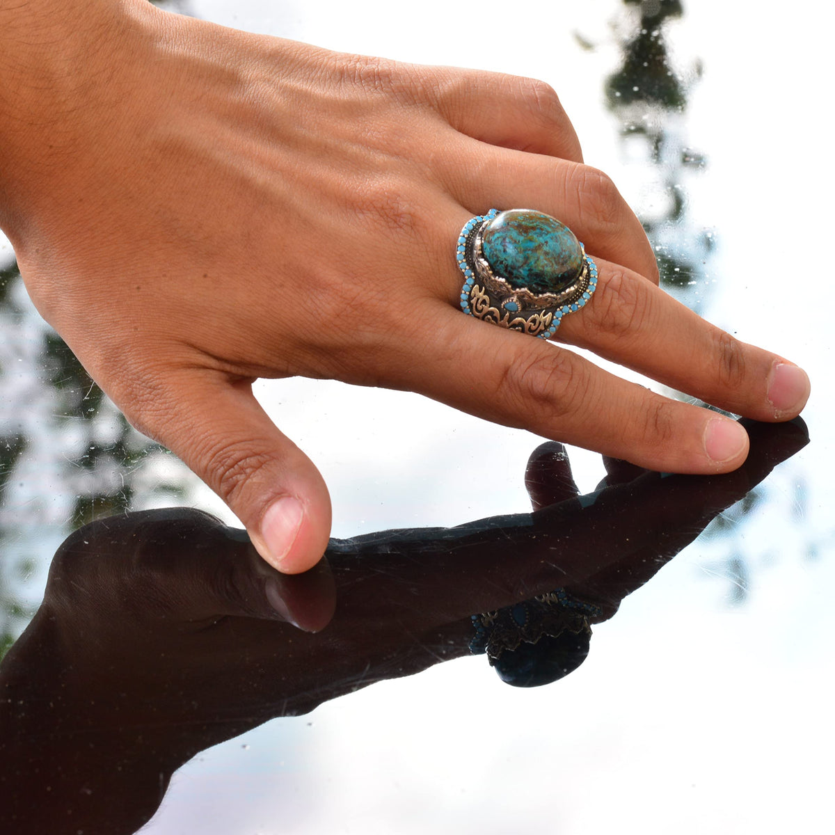 Handmade 925 Sterling Silver Men's Ring - Natural Stone (Chrysocolla) — 6