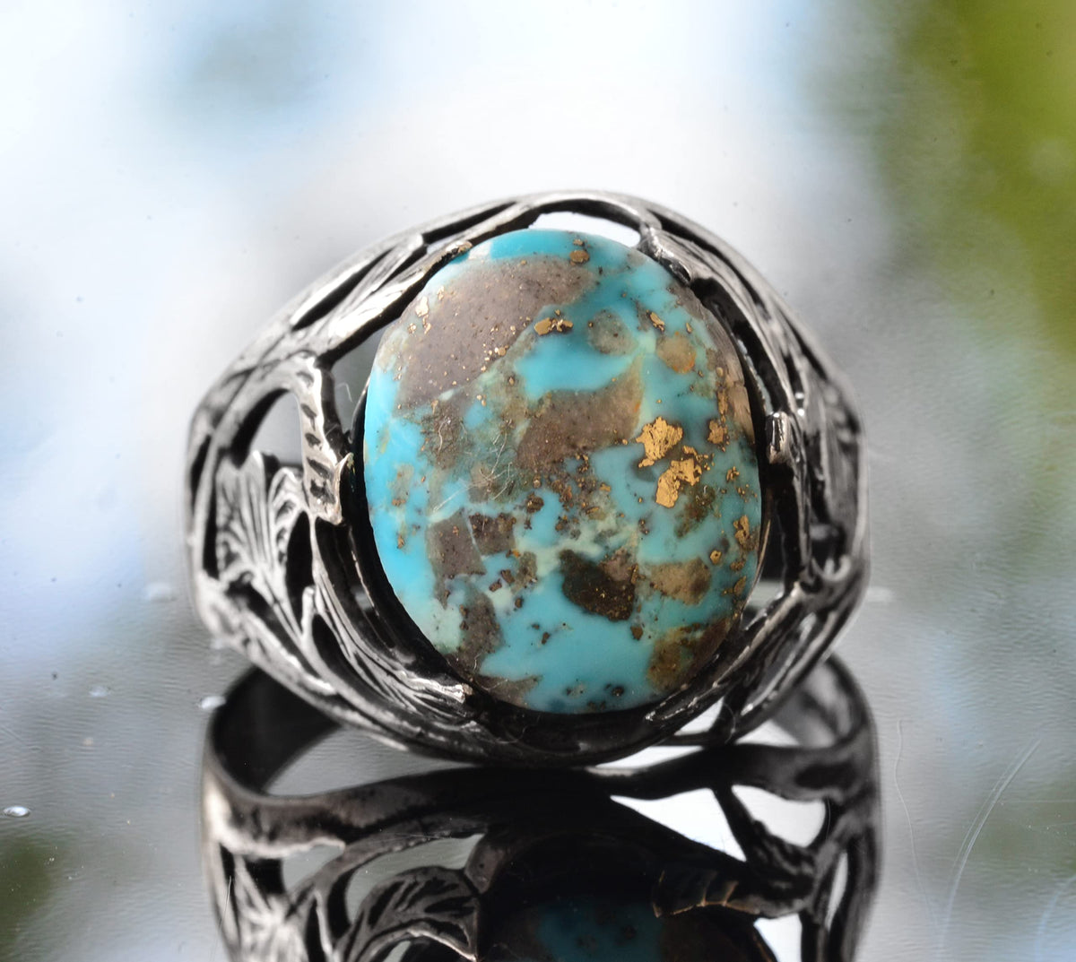Arizona Turquoise Stone Ring, 925 Sterling Silver Leaf Ring — 2