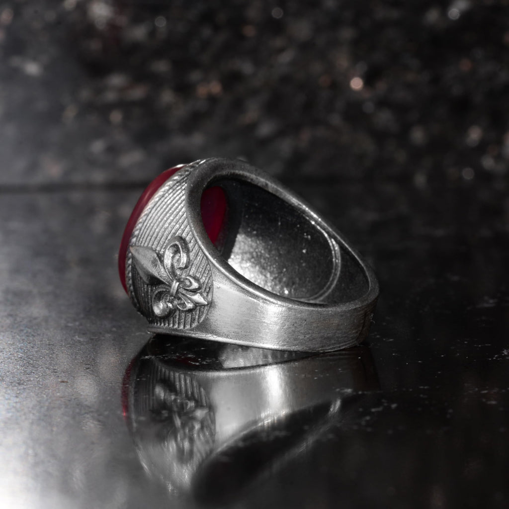 KAMBO Star Ruby Stone Men's Ring Fleur De Lis Symbol 925 Sterling Silver – Handmade Vintage Ottoman Style Statement Ring — 7