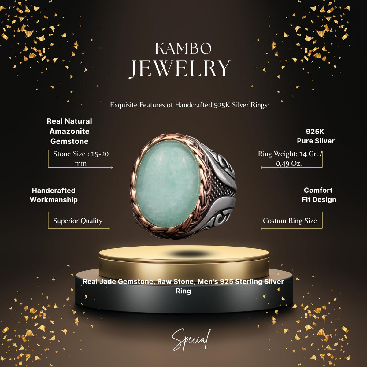 Natural Amazonite Stone Ring - 925 Sterling Silver Men's Ring — 2