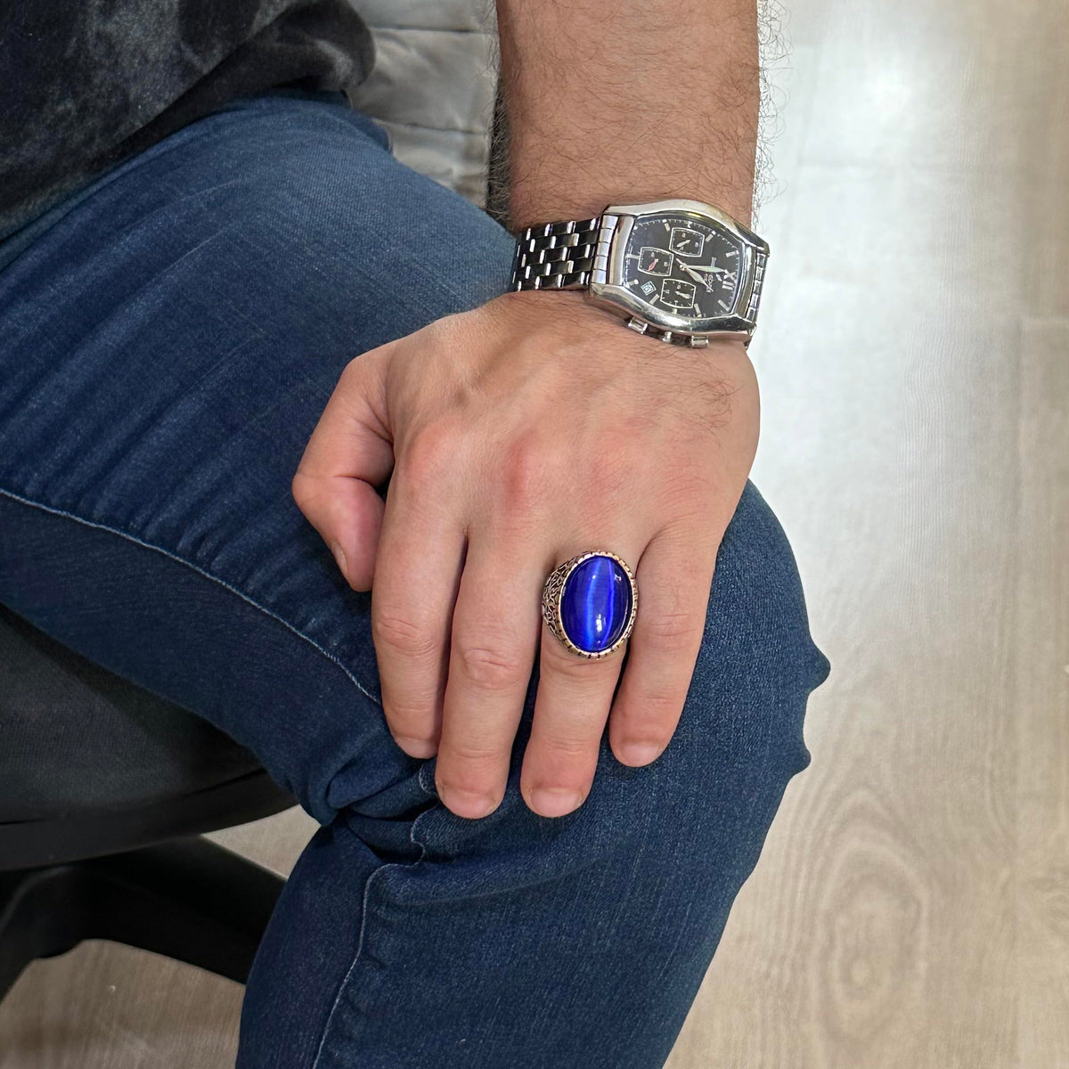925 Sterling Silver Men's Ring - Big Ring (Dark Blue Cat Eye Stone) — 2