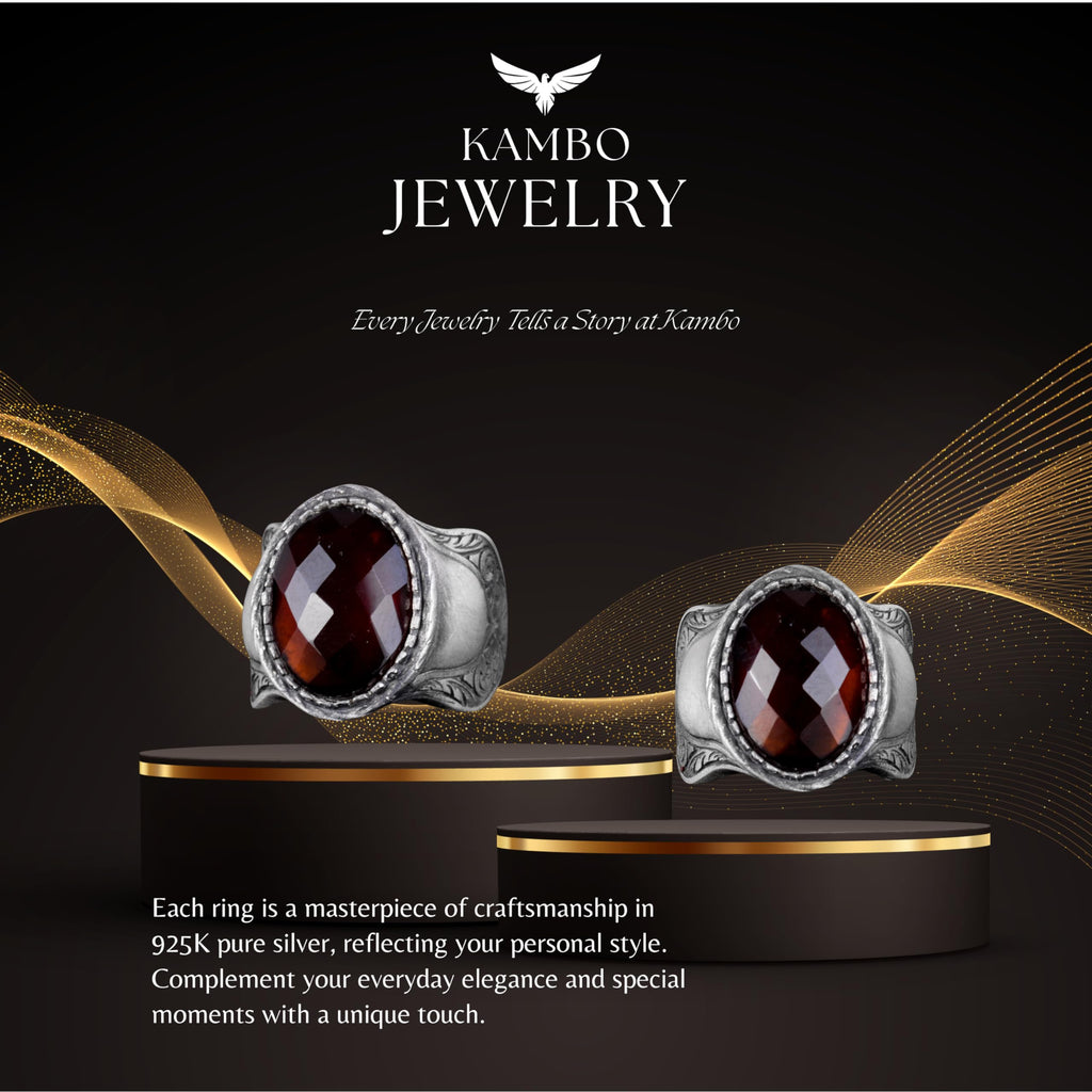 Natural Stone Ring, 925 Sterling Silver Ring, Garnet — 7