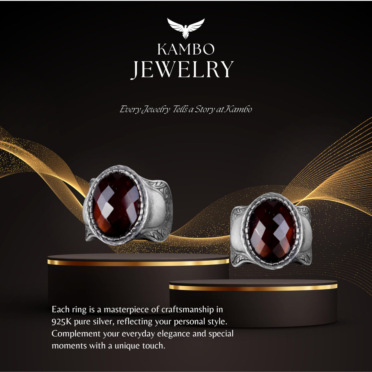Natural Stone Ring, 925 Sterling Silver Ring, Garnet — 7