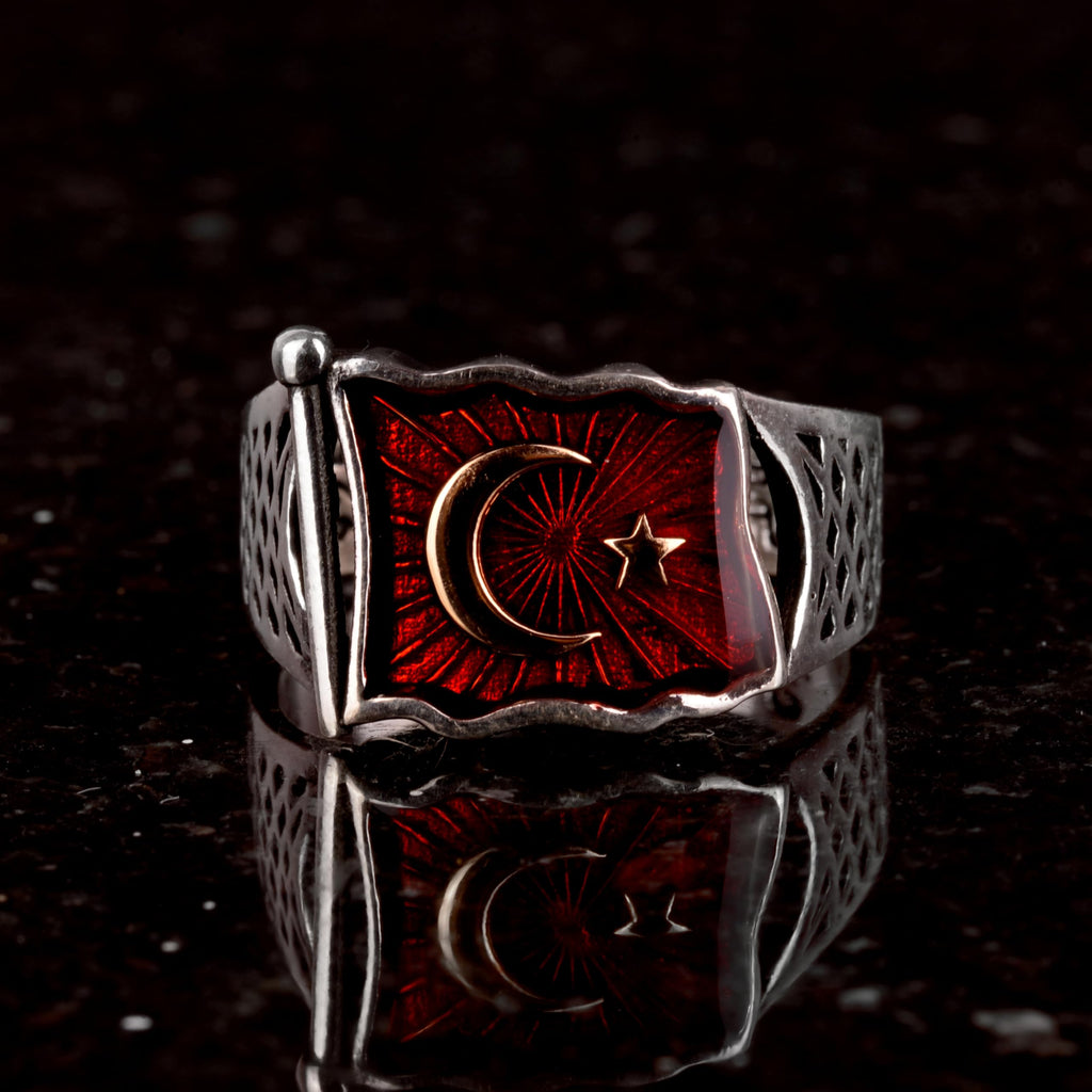 Crescent Star Flag Silver Men's Ring, Turkish Flag Motif Ring, 925 Sterling Silver Men's Ring — 3