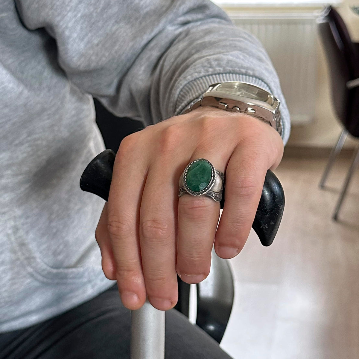 Natural Stone Ring - Emerald, 925 Sterling Silver — 3