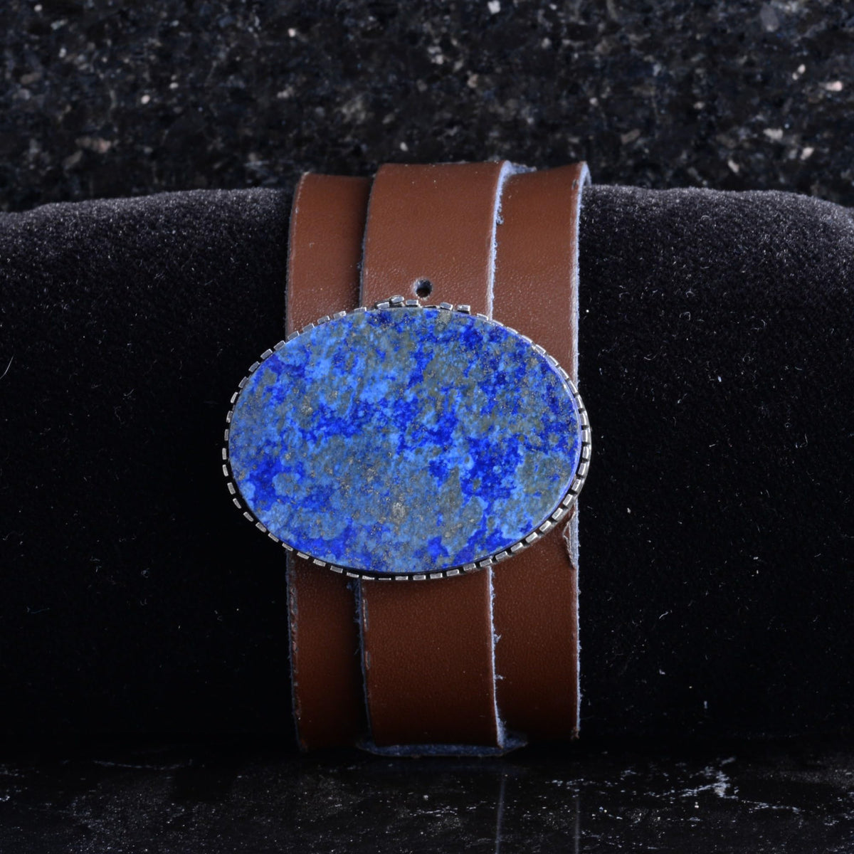 KAMBO Natural Lapis Lazuli Genuine Leather Cuff Bracelet for Men, Stone in 925 Sterling Silver Frame, Handmade Wide Wris