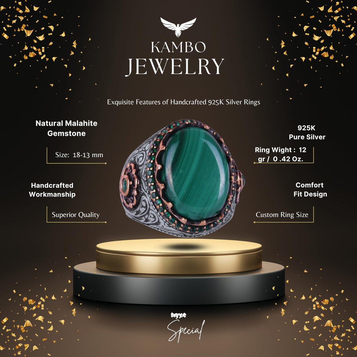 Natural Malachite Stone Ring - 925 Sterling Silver Handmade Ring (Model-2) — 2