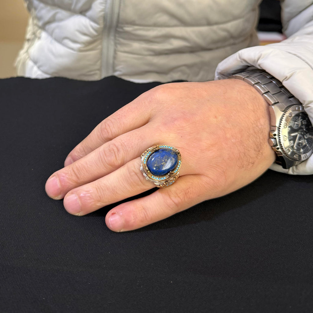KAMBO Natural Stone Men's Ring – 925 Sterling Silver Bronze Detail Statement Ring – Handmade Ring (Lapis Lazuli) — 2