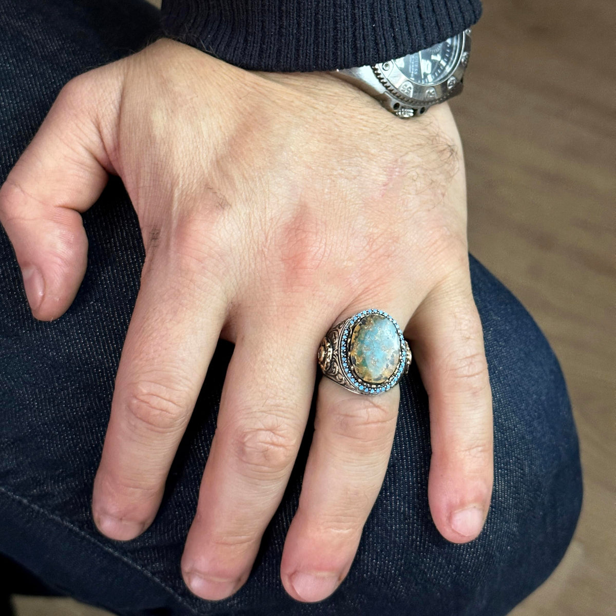 Handmade Natural Arizona Turquoise Stone Ring, 925 Sterling Silver — 3