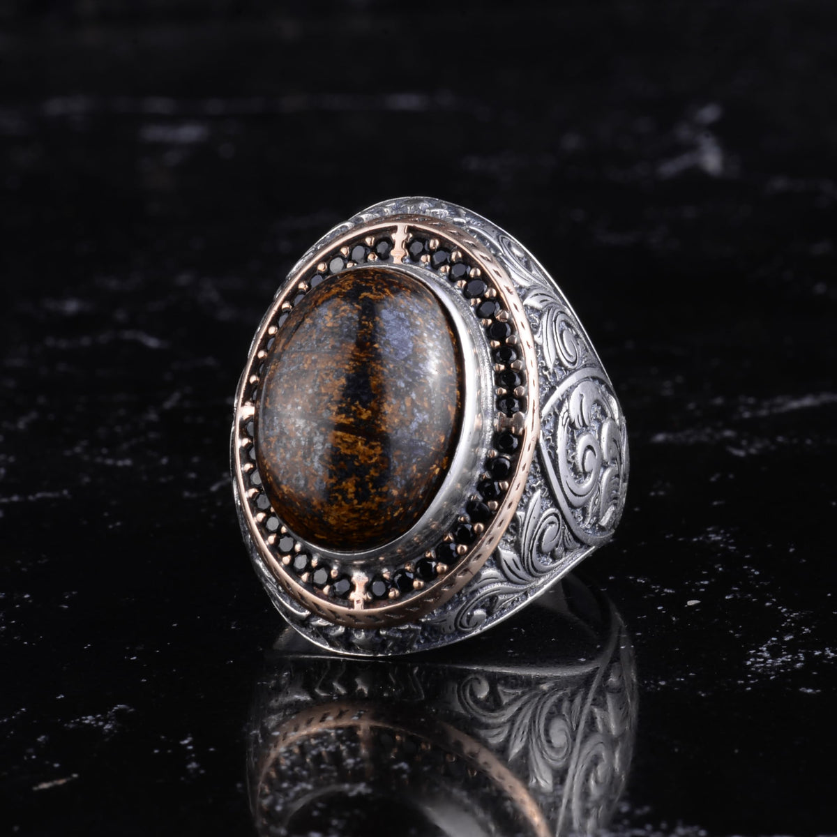 Men's Natural Stone Large Ring – Oval Stone Vintage Byzantine Engraved Statement Ring - Antique Filigree 925 Sterling Silver Jewelry (Bronzite) — 4