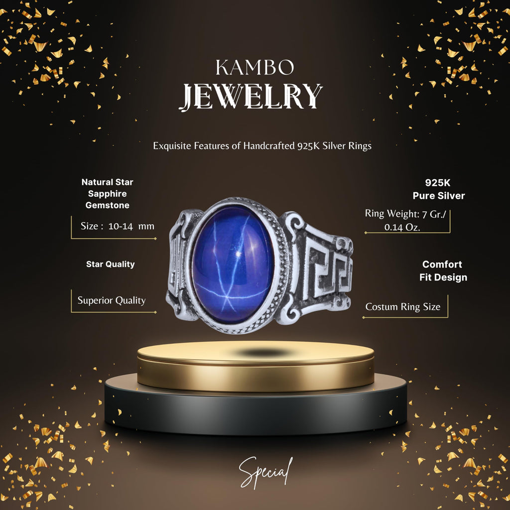 KAMBO 925 Sterling Silver Natural Stone Men's Ring – Labyrinth Pattern Handmade Vintage Statement Ring (Star Sapphire) — 2