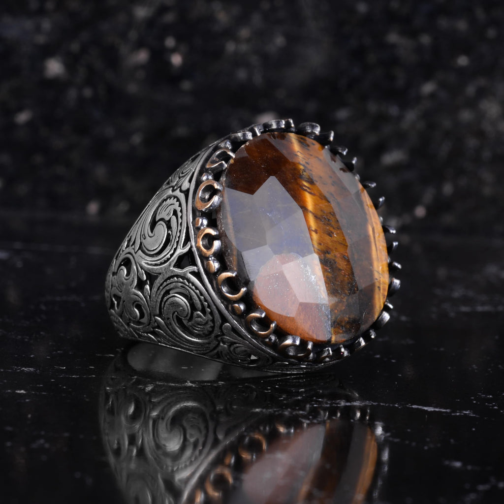 KAMBO Natural Stone Round Large Men's Ring – 925 Sterling Silver Handmade Ring – Statement Ring – Vintage Ottoman Style Men's Jewelry (Tiger's Eye) — 6
