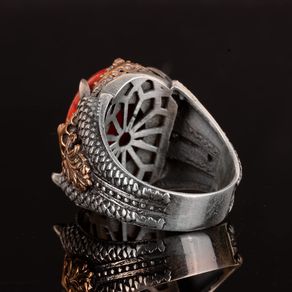 Natural Coral Stone Ring - Handmade 925 Sterling Silver Ring — 7