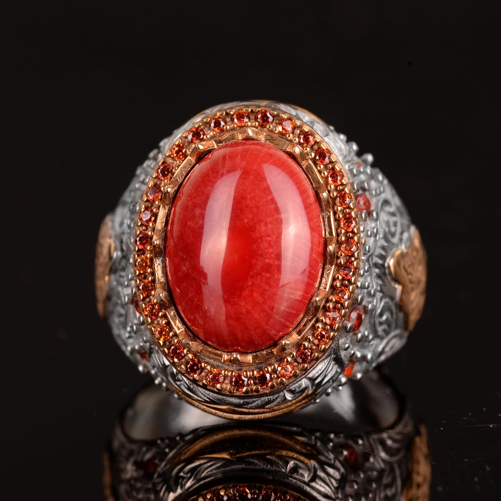 Natural Coral Stone Ring - Handmade 925 Sterling Silver Ring (Model-2) — 4