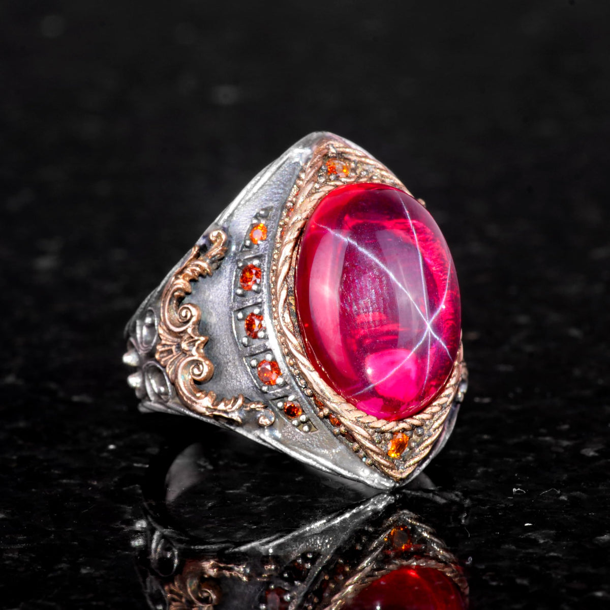 Natural Star Ruby Stone Ring - Handmade, 925 Sterling Silver — 5