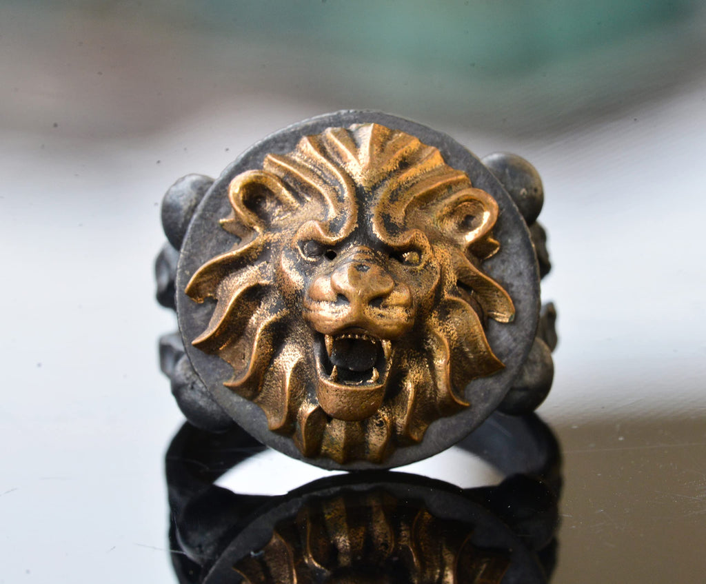 Lion Bronze Piece Men's Statement Ring, Sterling Silver Ring For Men, Handmade Ring