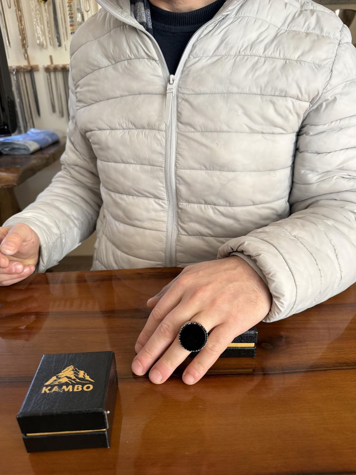 KAMBO Natural Stone Round Large Men's Ring – 925 Sterling Silver Handmade Ring – Statement Ring – Vintage Ottoman Style Men's Jewelry (Onyx) — 3