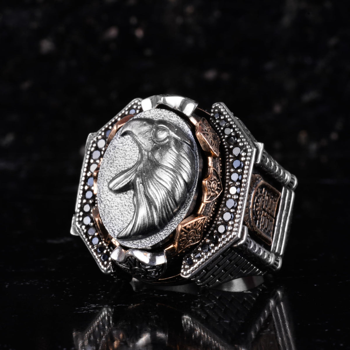 KAMBO Large Men's 925 Sterling Silver Ring Figure – Bronze Detail – Carved Statement Ring (Eagle Head) — 5