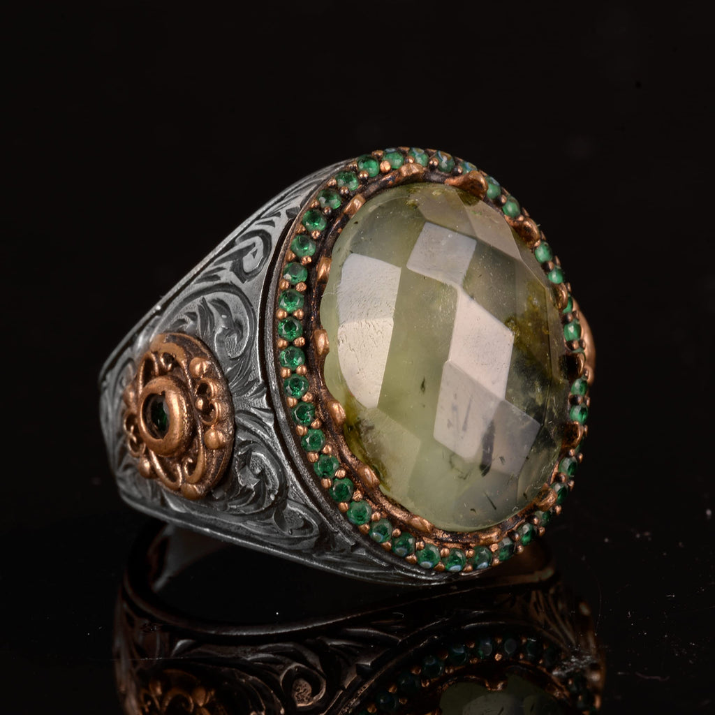 Natural Prehnite Stone Ring, Handmade 925 Sterling Silver Men's Ring — 3
