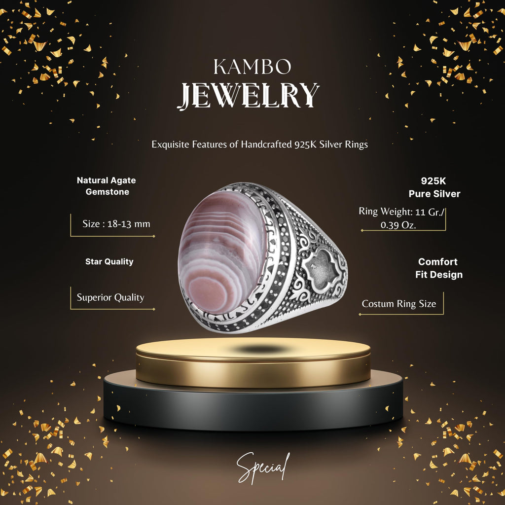 KAMBO Men's Natural Agate Stone Ring – 925 Sterling Silver Handmade Ottoman Star Motif Statement Ring – Islamic Heritage Jewelry (Style-3) — 2