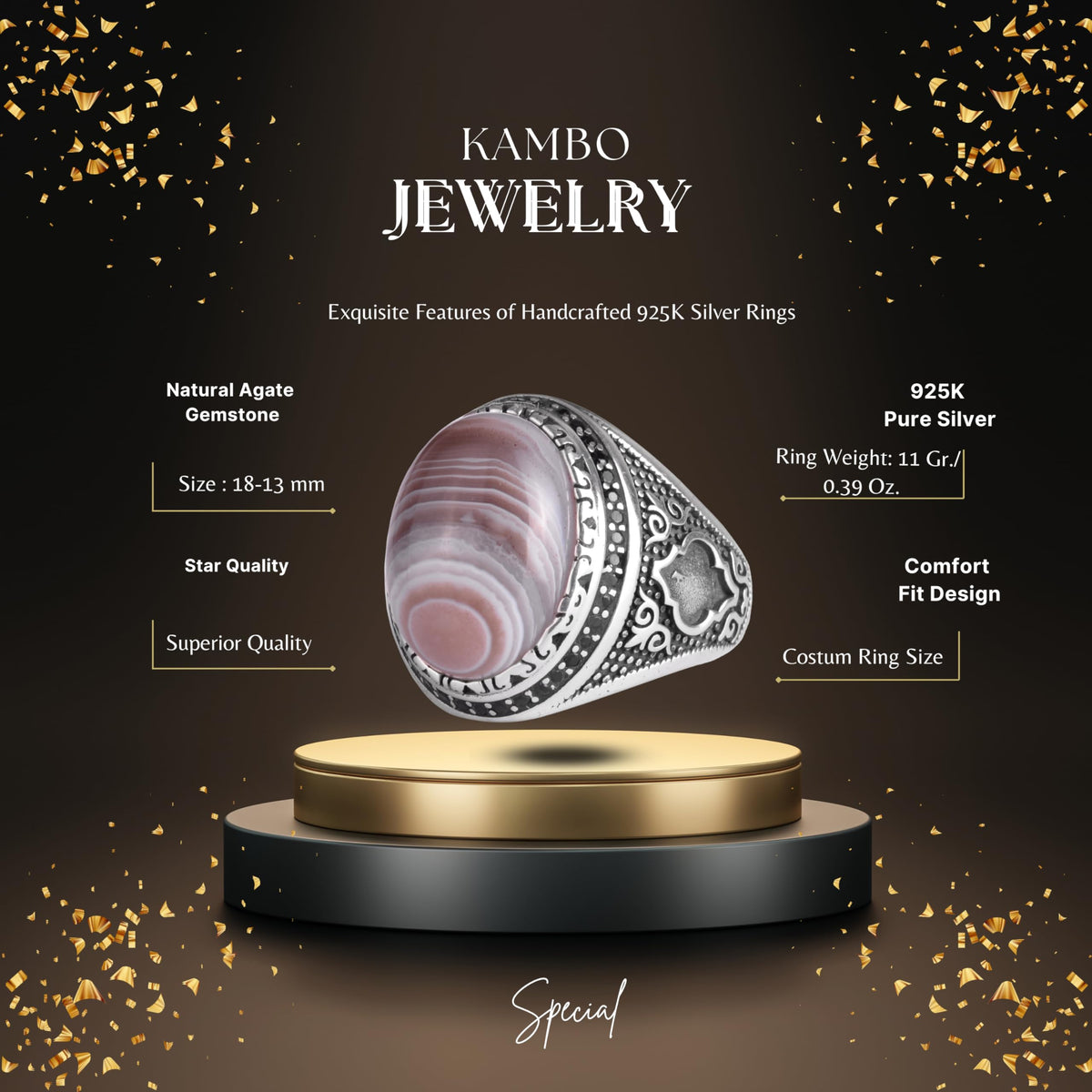 KAMBO Men's Natural Agate Stone Ring – 925 Sterling Silver Handmade Ottoman Star Motif Statement Ring – Islamic Heritage Jewelry (Style-3) — 2