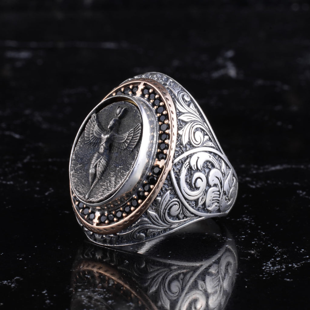 KAMBO Symbol Large Men's Ring 925 Sterling Silver - Motif Statement Ring - Antique Inspirational Vintage Byzantine Engraved Men's Jewelry — 4