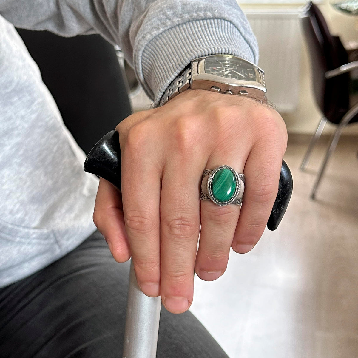 Natural Stone Ring, 925 Sterling Silver Ring, Malachite — 3