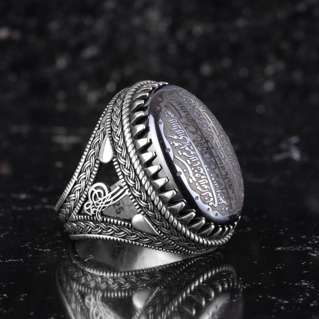 KAMBO Natural Hematite Stone Ring – 925 Sterling Silver Ottoman Tugra Design – Islamic Men's Statement Ring (Ayat al Kursi Quran Verse) — 5