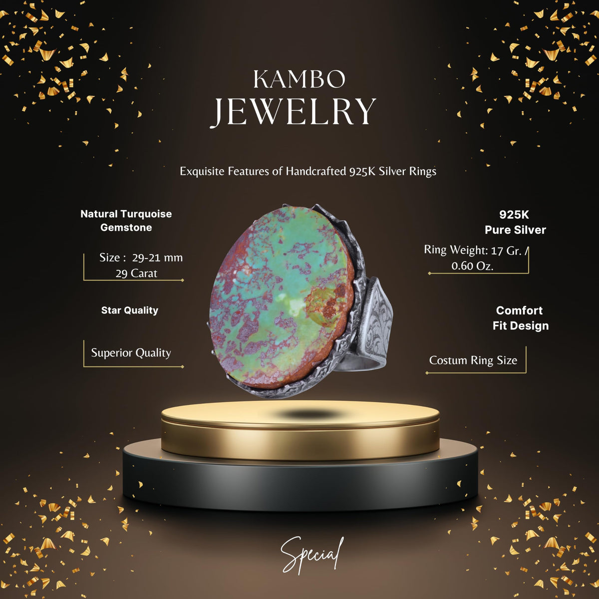KAMBO 925 Sterling Silver Natural Turquoise Stone Large Men's Ring – Handmade Spiritual Healing Jewelry (Style-2) — 2