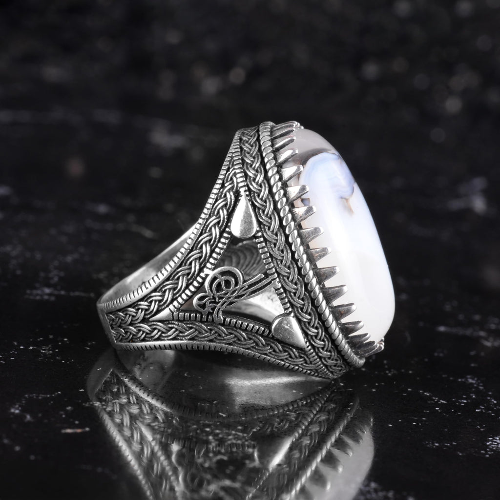 KAMBO Natural Yemen Agate Stone Men's Ring – 925 Sterling Silver Large Statement Ring – Handmade Ottoman Tugra Design Jewelry (Style-4) — 6