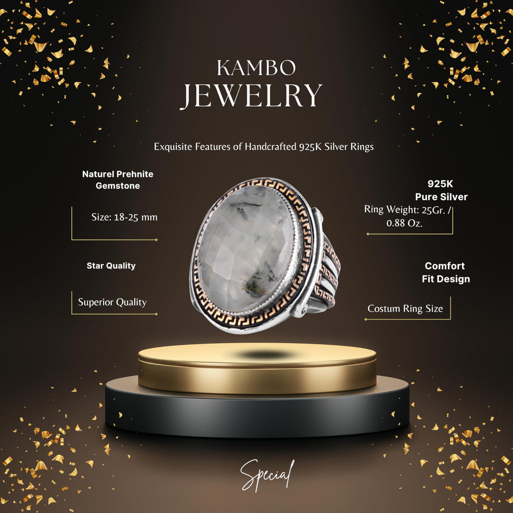 KAMBO Men's Genuine Natural Stone Ring – 925 Sterling Silver Large Statement Ring – Handmade Vintage Design – Dark Silver Ring (Prehnite) — 2