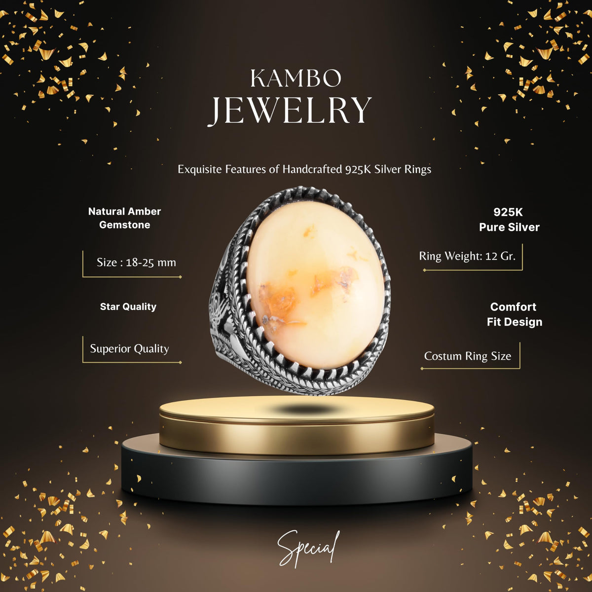 KAMBO Ottoman Tugra Design Natural Amber Stone Ring - 925 Sterling Silver Handmade (Model-4) — 2
