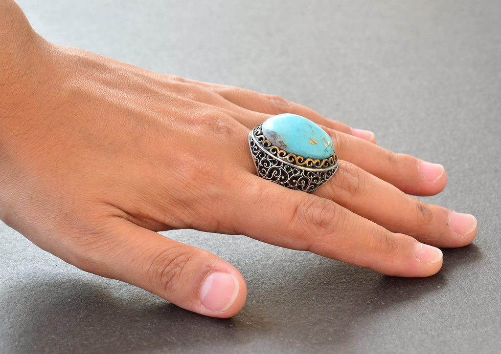 Natural Arizona Turquoise Stone Ring, 925 Sterling Silver Men's Ring (Model-4) — 6