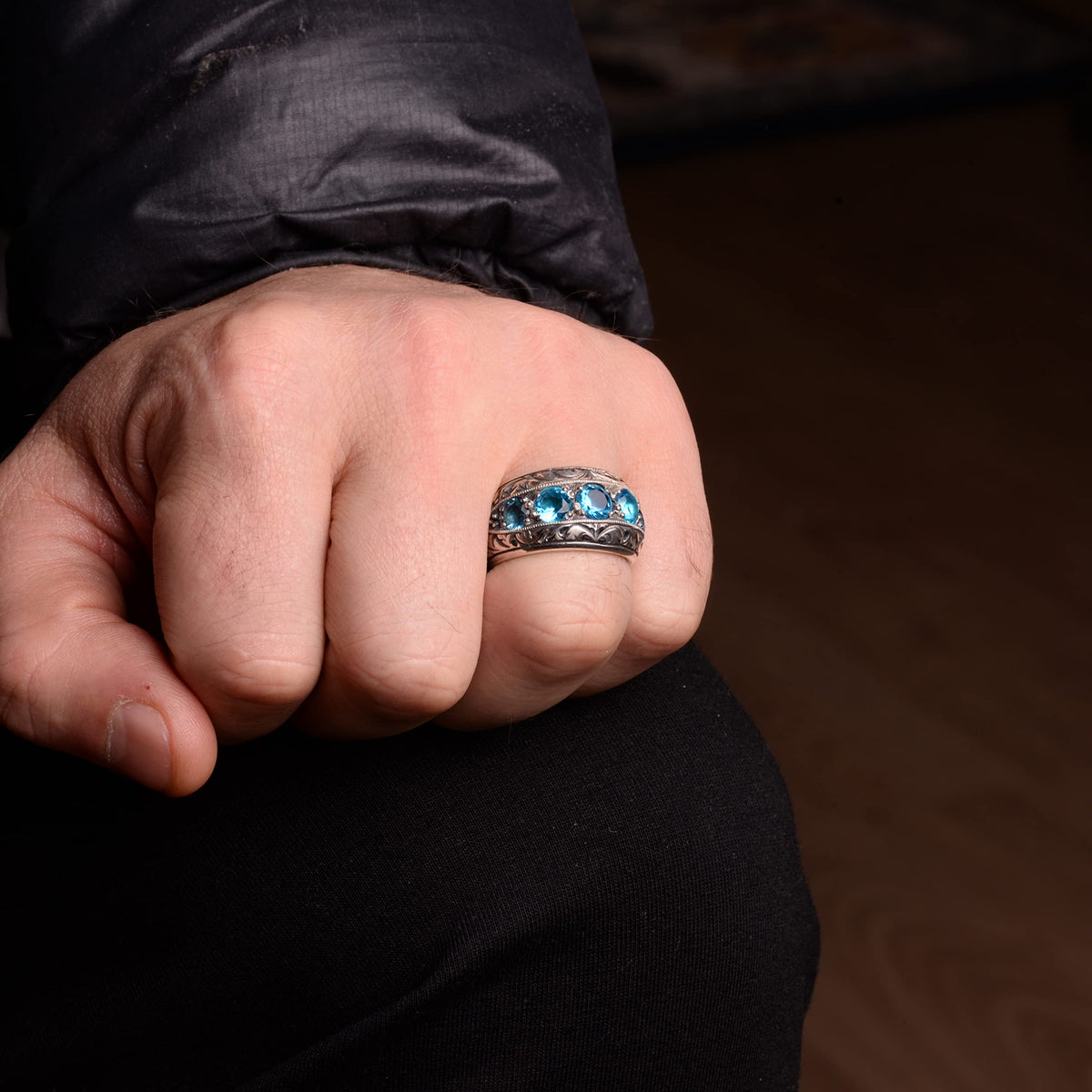 Silver Men's Ring – with Synthetic Blue Topaz Stone, Calligraphic Craftsmanship — 7