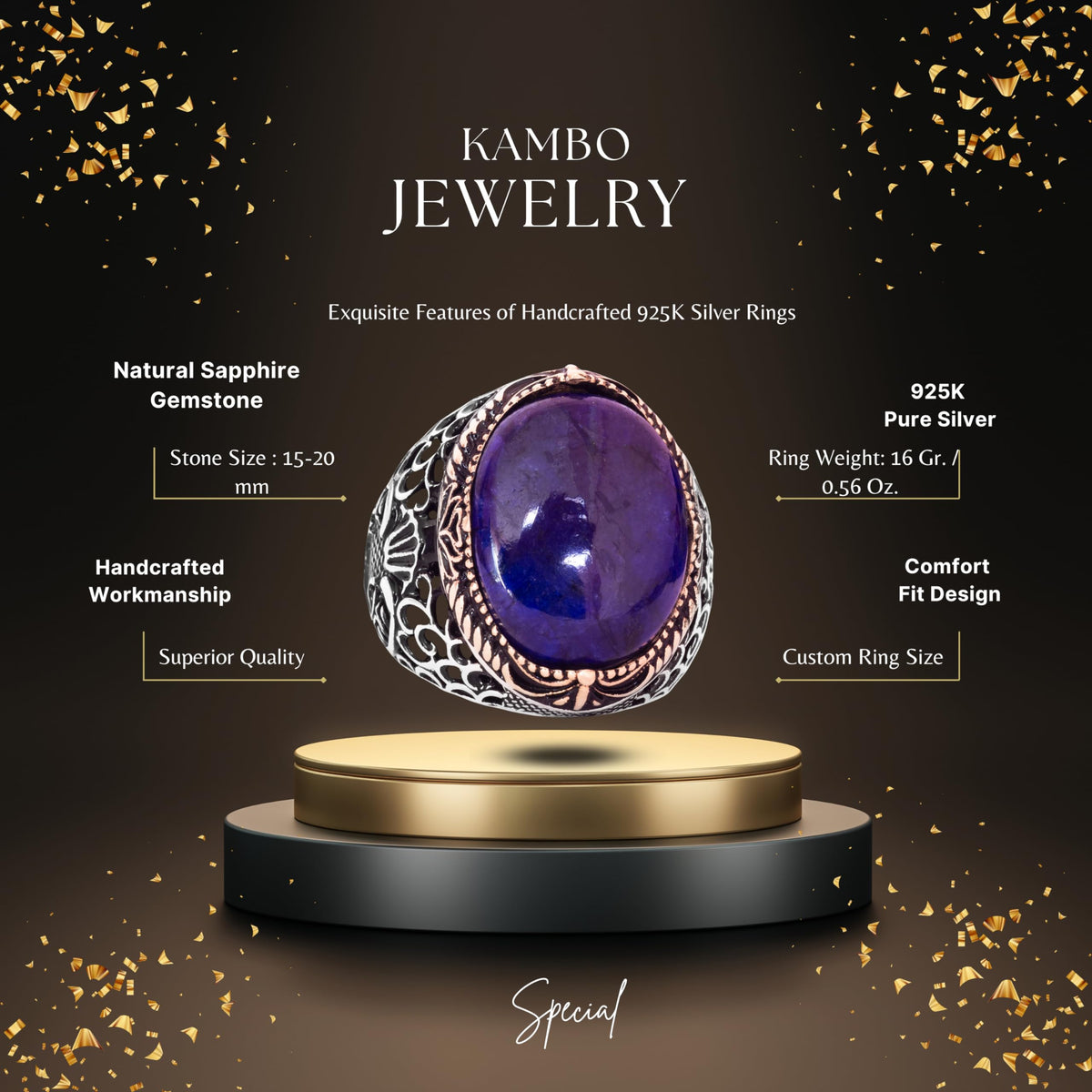 KAMBO Men's Handmade 925 Sterling Silver Ring with Natural Cabochon Sapphire Gemstone, Islamic Religious Design, Vintage