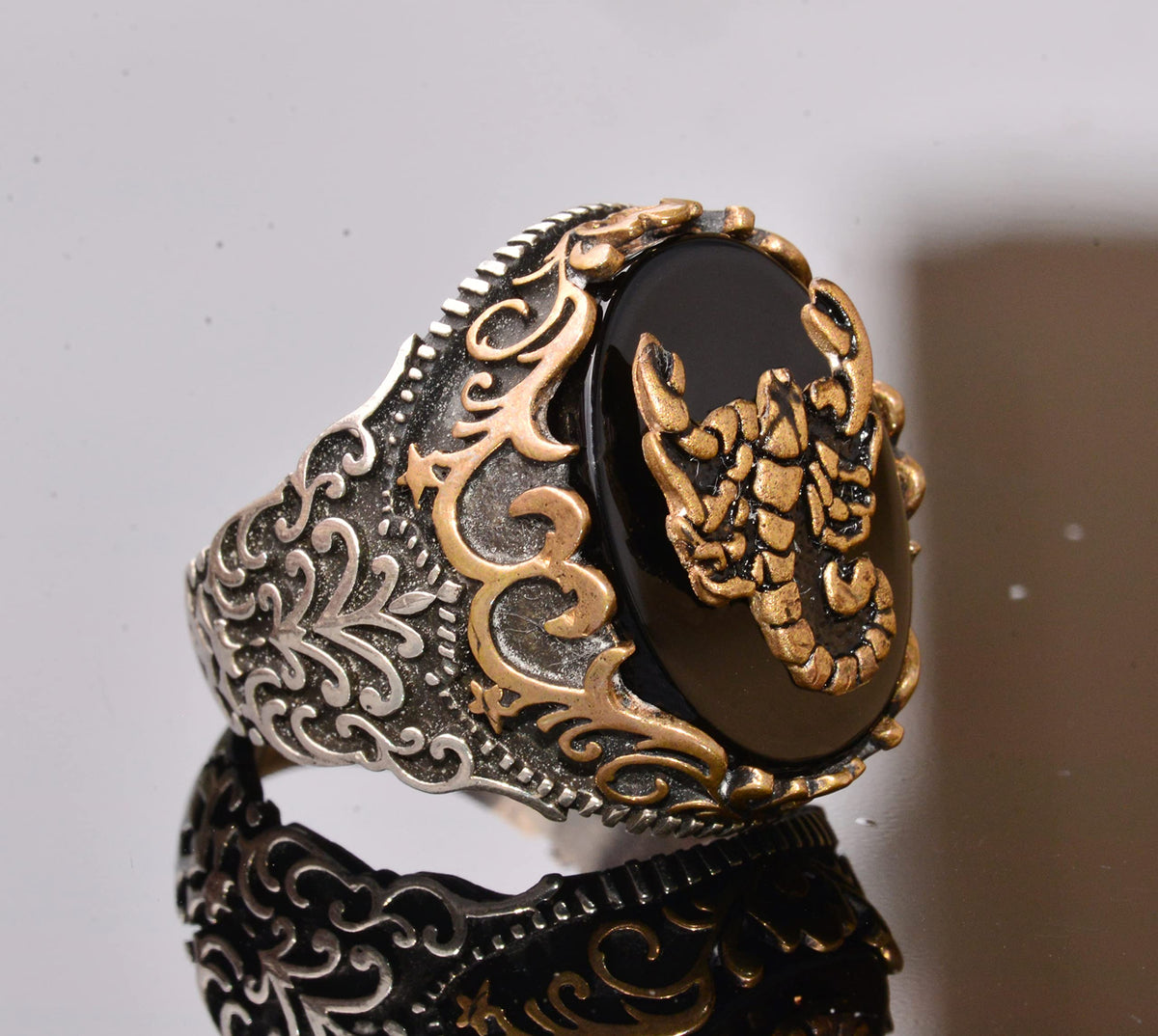 Natural Obsidian Stone Ring - 925 Sterling Silver Ring - Stamp Ring (Scorpion) — 3